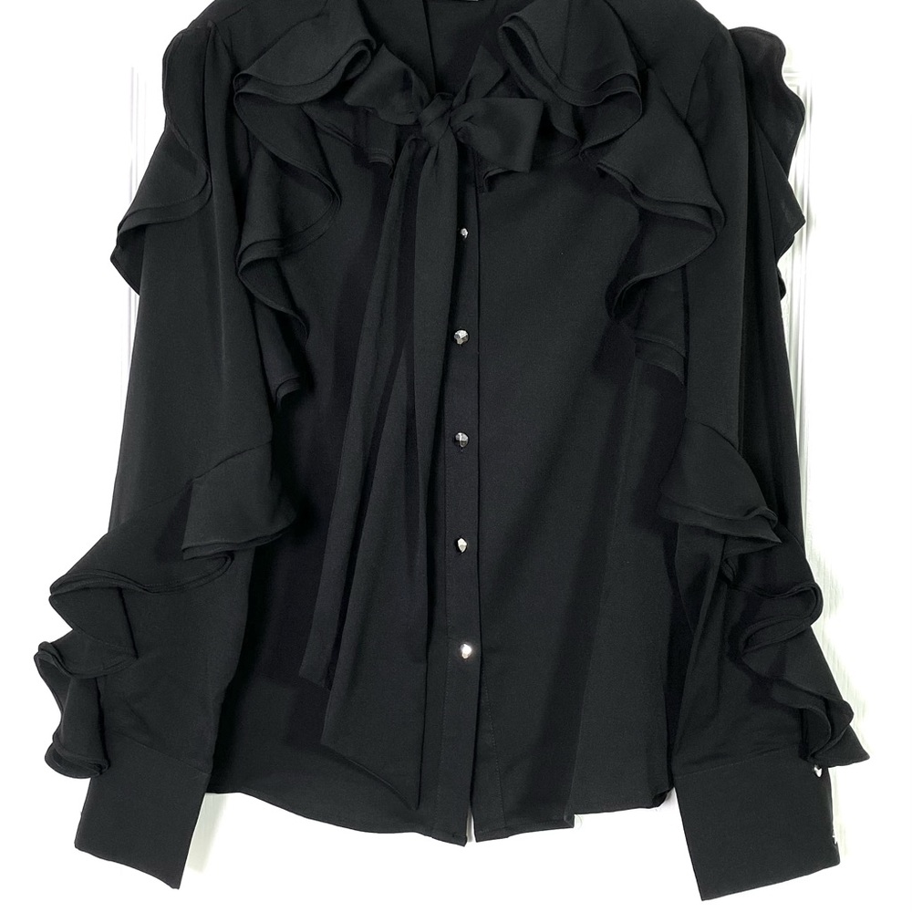 Gracia Black Ruffled PussyBow Tie Neck Button Down Shirt Blouse